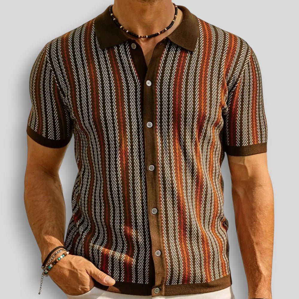 Wiosenna Męska Koszulka Retro z Guzikami i Wzorem w Jodełkę (Męska)