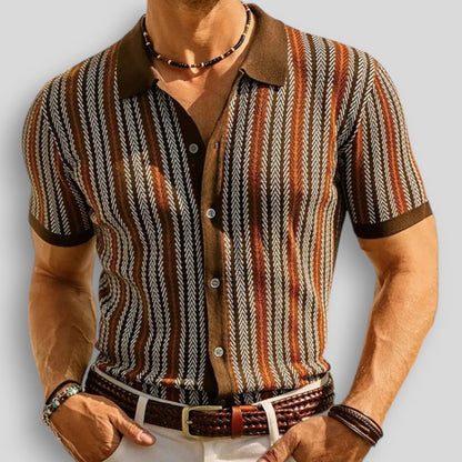 Wiosenna Męska Koszulka Retro z Guzikami i Wzorem w Jodełkę (Męska)