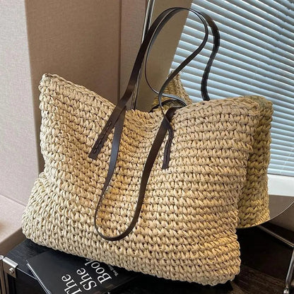 Wiosenna Pleciona Torba Shopper z Naturalnego Materiału (Damska)