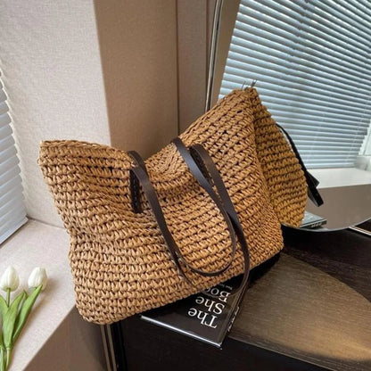 Wiosenna Pleciona Torba Shopper z Naturalnego Materiału (Damska)