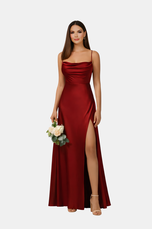 Wiosenna Satynowa Sukienka Wieczorowa z Rozcięciem (Damska)