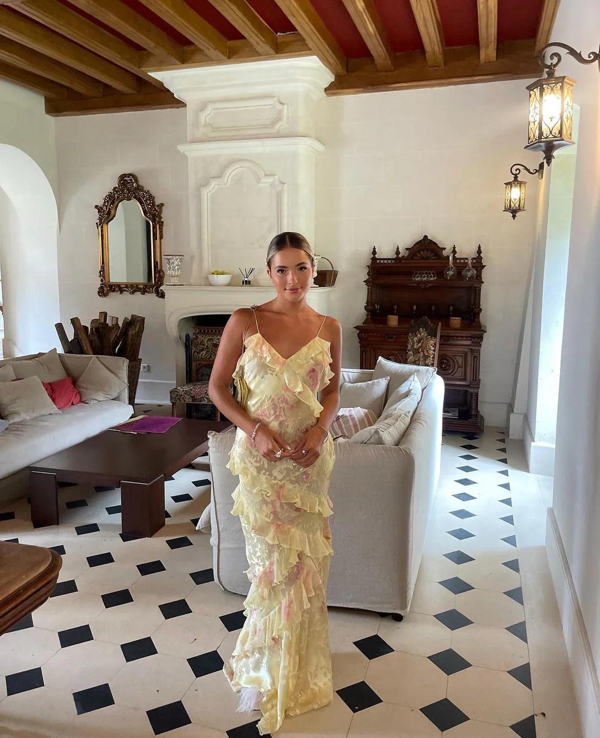 Wiosenna Sukienka Maxi z Falbanami w Kwiaty (Damska)