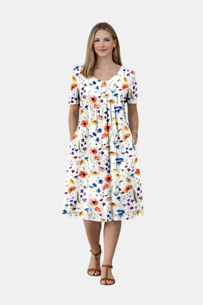 Wiosenna Sukienka Midi we Wzór z Krótkim Rękawem (Damska)