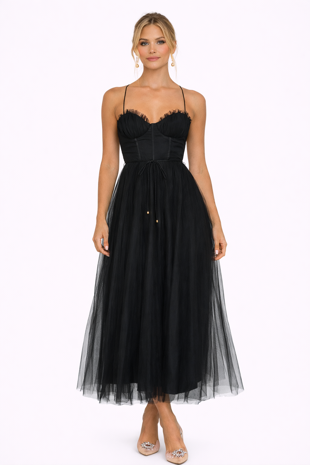 Wiosenna Tiulowa Sukienka Koktajlowa Midi z Gorsetem (Damska)