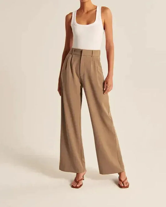 Pantalon Élégant Taille Haute à Jambe Large de Printemps (Femme)
