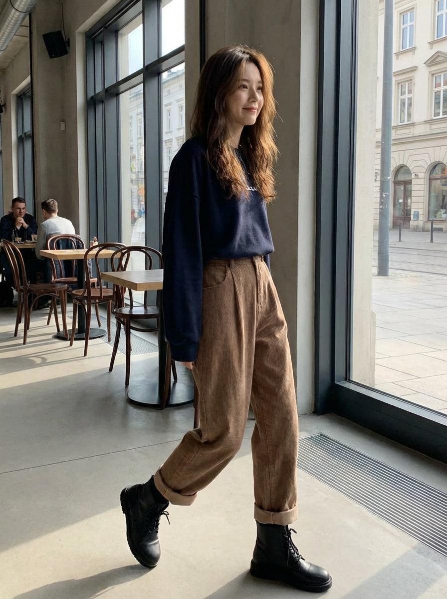 Wiosenne Szerokie Spodnie Sztruksowe w Stylu Vintage (Damskie)