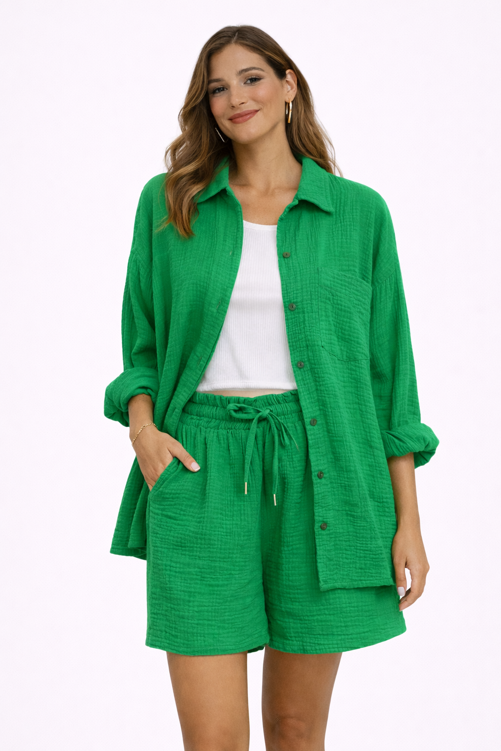 Wiosenny Casualowy Zestaw Dwuczęściowy Koszula i Szorty (Damski)