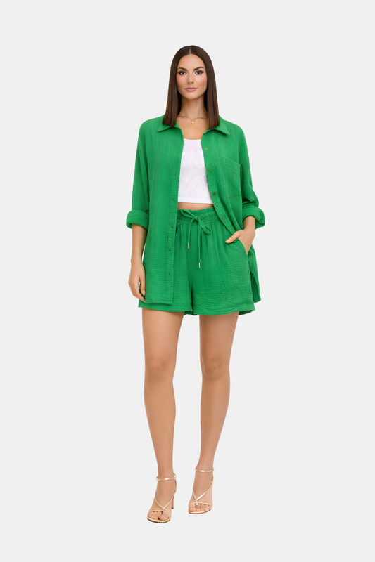 Wiosenny Casualowy Zestaw Dwuczęściowy Koszula i Szorty (Damski)