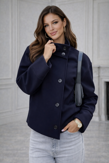 Wiosenny Krótki Płaszcz z Guzikami i Szerokim Kołnierzem (Damski)