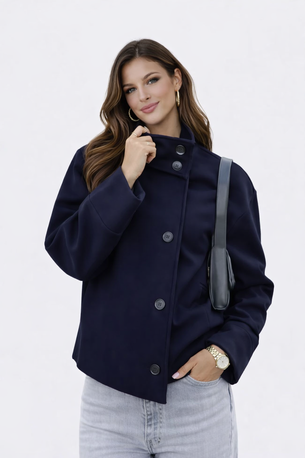 Wiosenny Krótki Płaszcz z Guzikami i Szerokim Kołnierzem (Damski)