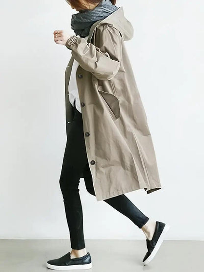 Veste imperméable longue avec col montant et boutons pour femmes