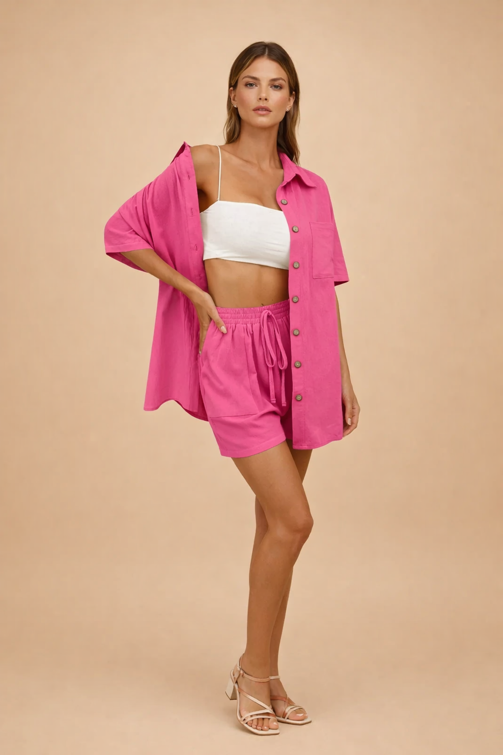 Damska Letnia Casual Luźna Zapinana Na Guziki Szorty Komplet