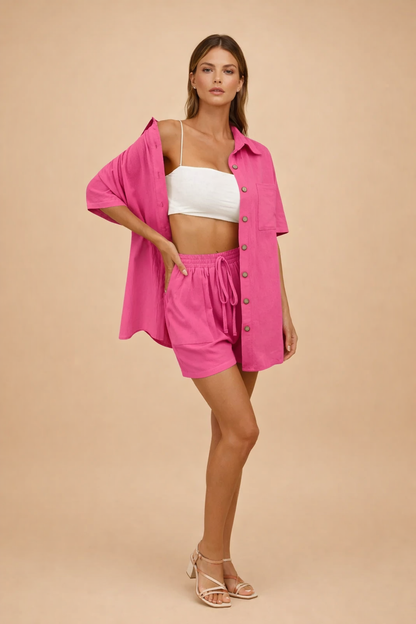 Damska Letnia Casual Luźna Zapinana Na Guziki Szorty Komplet