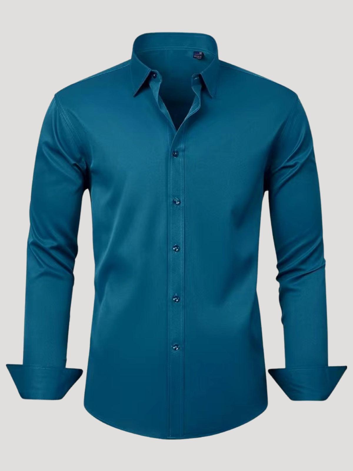 Teal button-up shirt on a light gray background