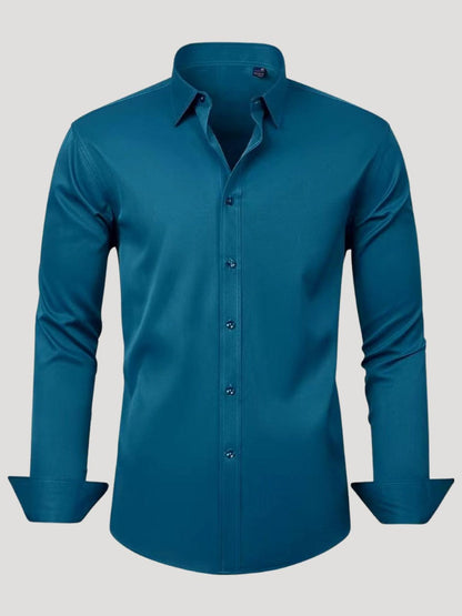 Teal button-up shirt on a light gray background