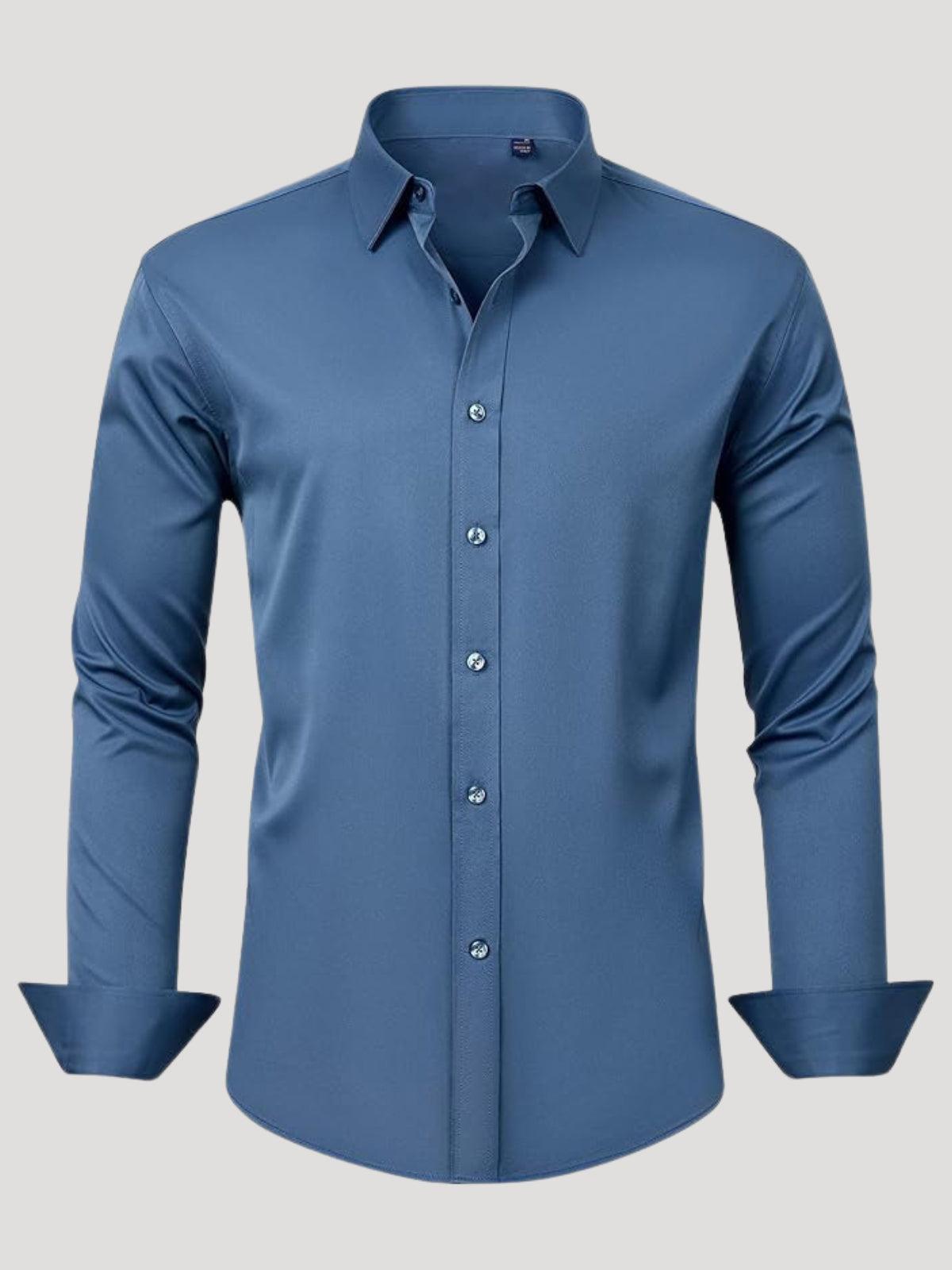 Blue dress shirt on a light gray background