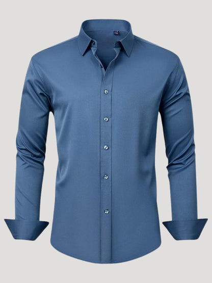 Blue dress shirt on a light gray background