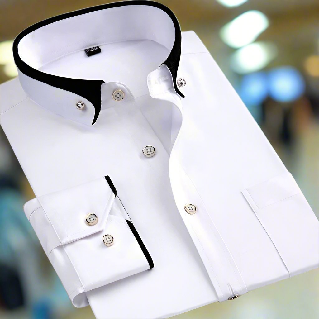 White dress shirt with black collar and cuffs on a blurred background