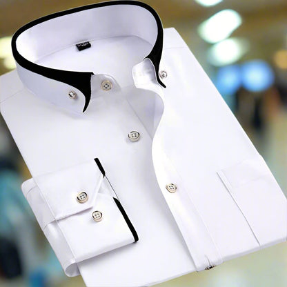 White dress shirt with black collar and cuffs on a blurred background