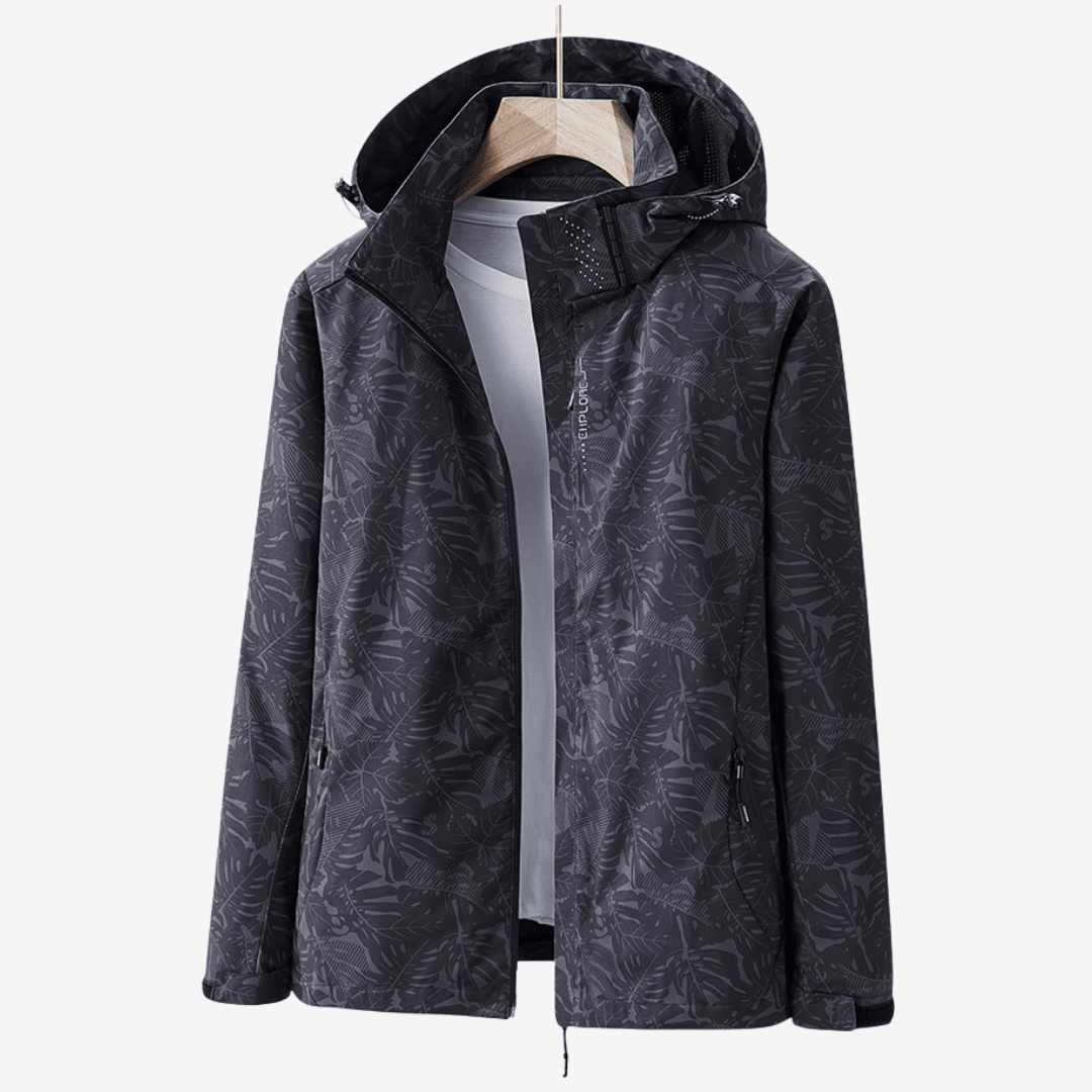 Dark gray hooded jacket with leaf pattern on a white background