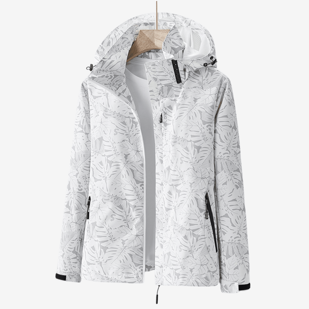 White jacket with black leaf pattern on a white background