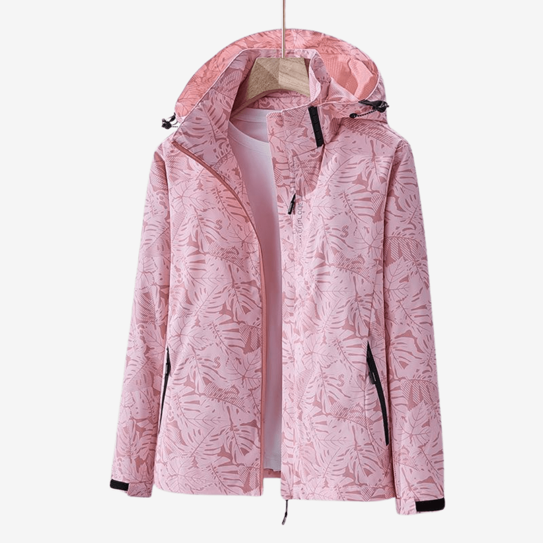 Pink jacket with leaf pattern on a white background