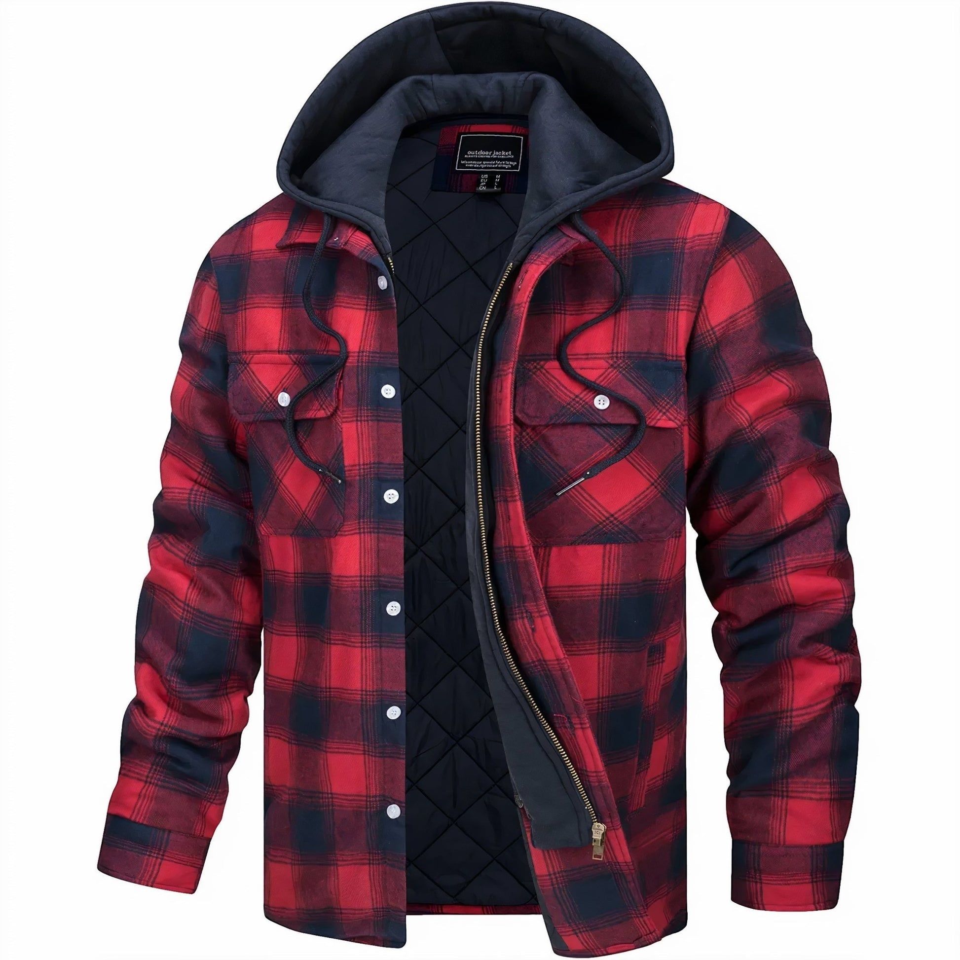 Red and black plaid jacket with a hood on a white background