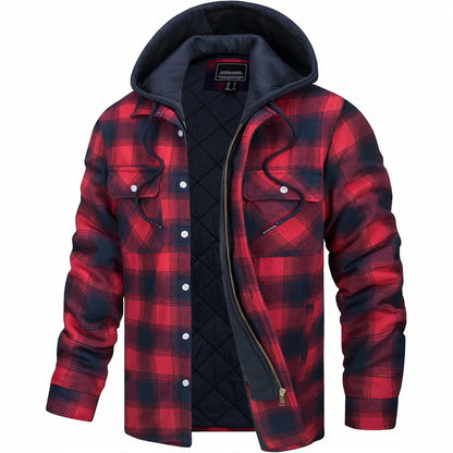 Red and black plaid jacket with a hood on a white background