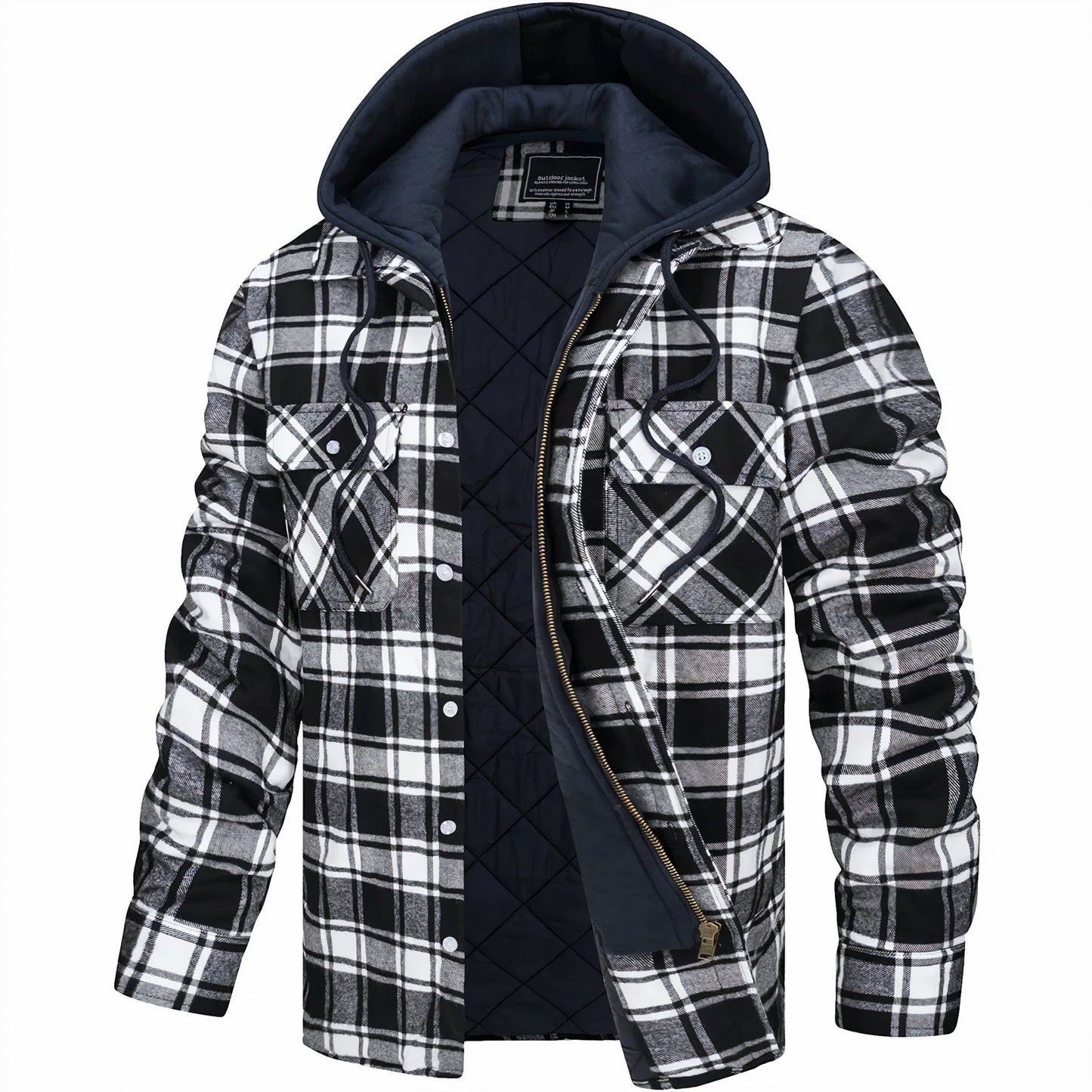 Plaid jacket with navy quilted lining on a white background