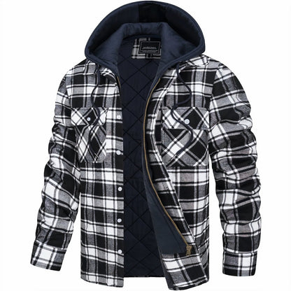 Plaid jacket with navy quilted lining on a white background