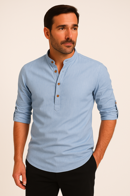 Zimowa Lniana Koszula z Długim Rękawem i Stójką (Męska)