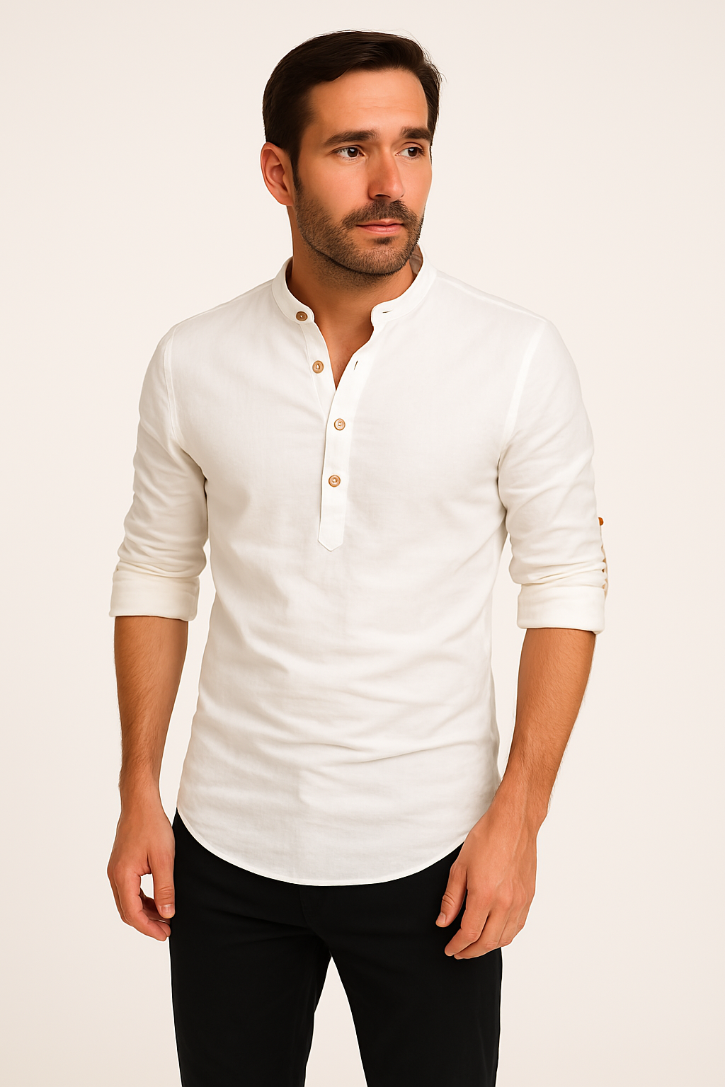 Zimowa Lniana Koszula z Długim Rękawem i Stójką (Męska)