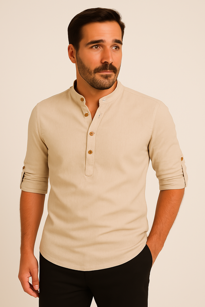 Zimowa Lniana Koszula z Długim Rękawem i Stójką (Męska)