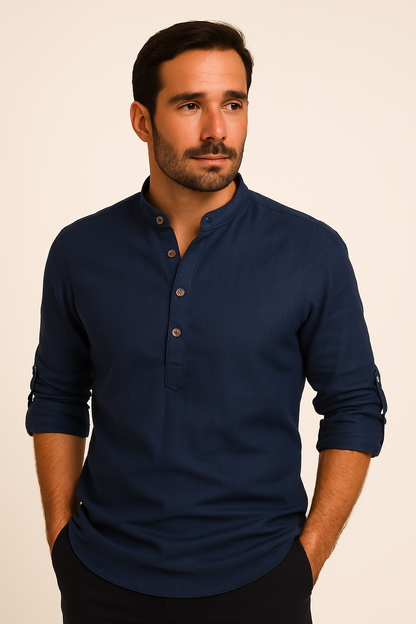 Zimowa Lniana Koszula z Długim Rękawem i Stójką (Męska)