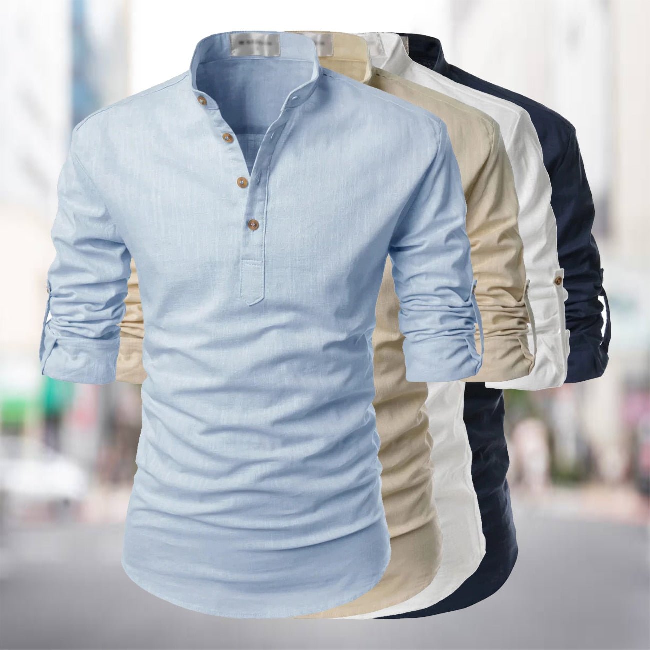 Zimowa Lniana Koszula z Długim Rękawem i Stójką (Męska)