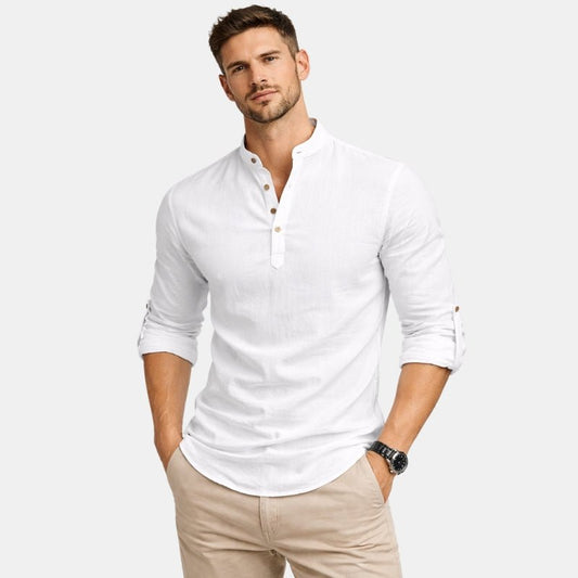 Zimowa Lniana Koszula z Długim Rękawem i Stójką (Męska)