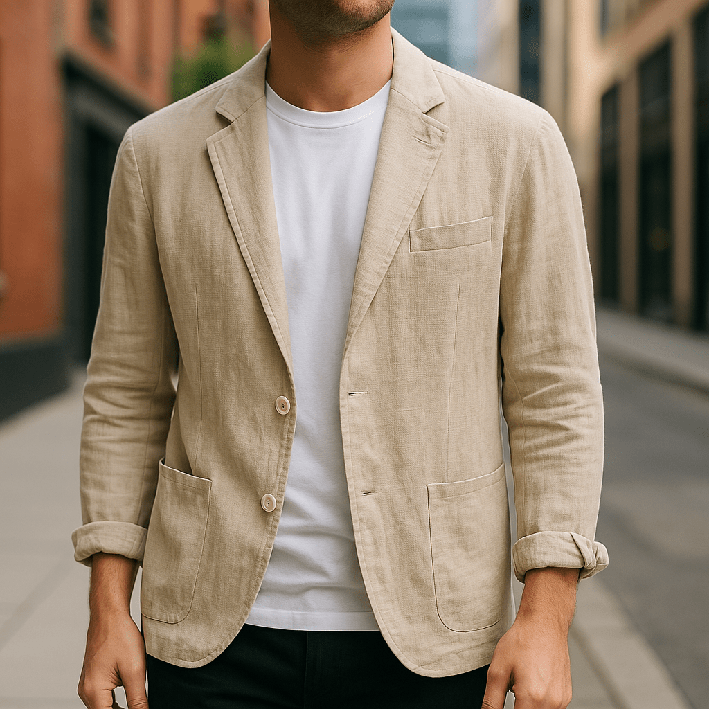 Person wearing a beige blazer over a white shirt on a blurred street background