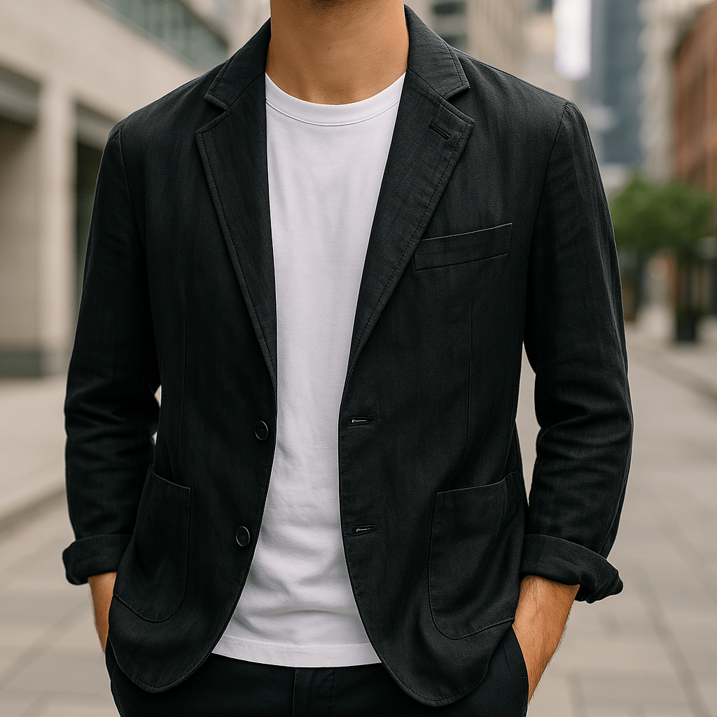 Person wearing a black blazer over a white shirt with a blurred urban background