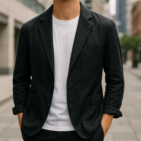 Person wearing a black blazer over a white shirt with a blurred urban background