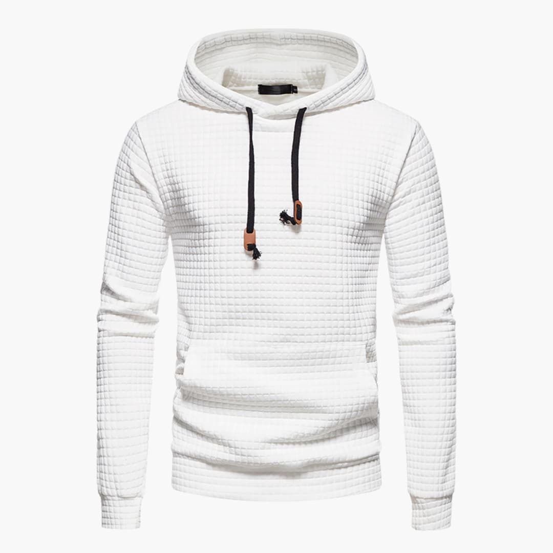 White textured hoodie with a black drawstring on a white background