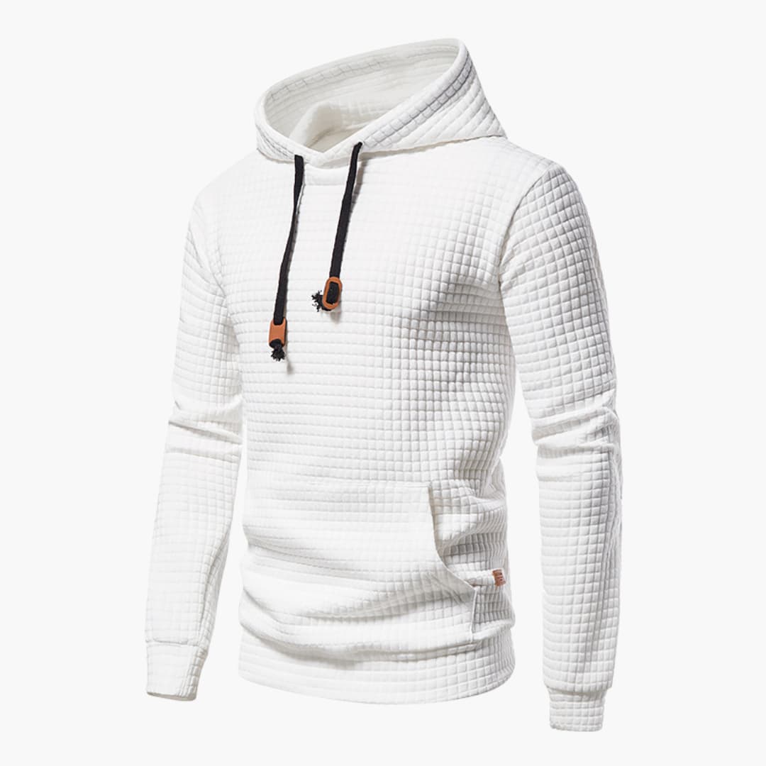 White textured hoodie with a zipper on a white background
