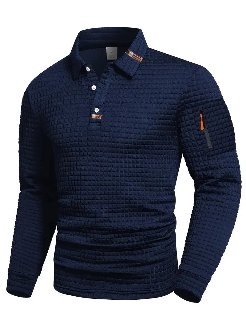 Navy blue textured long-sleeve polo shirt on a white background
