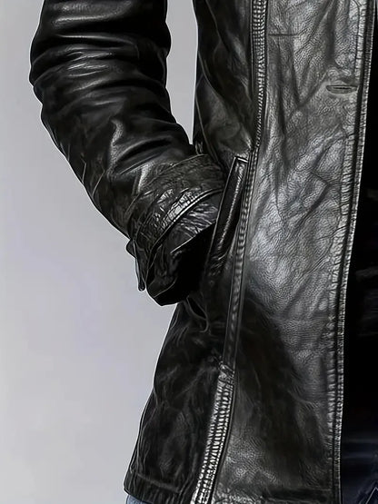 Close-up of a black leather jacket with a zipper on a light gray background