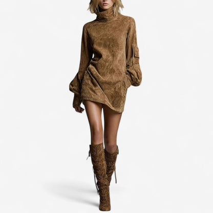 Zimowa Stylowa Sukienka Mini Damska z Golfem – Długi Rękaw, Ciepła i Modna