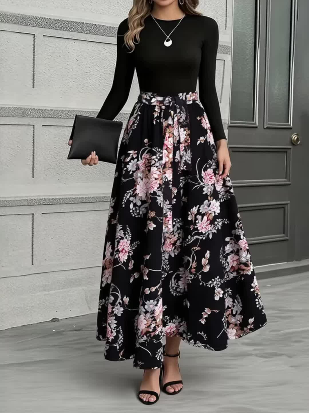 Winter Maxi Jurk met Bloemen en Lange Mouwen (Dames)