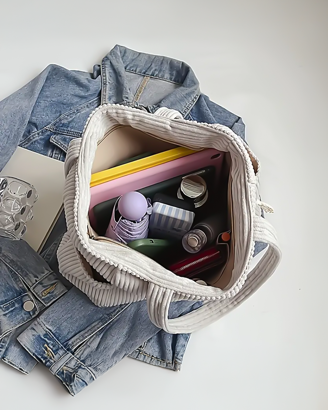 Sac shopper en velours côtelé d'hiver avec poches latérales (Femme)