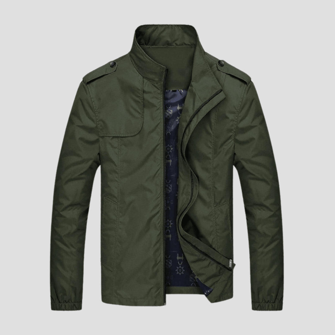 Green jacket with a textured lining on a light gray background