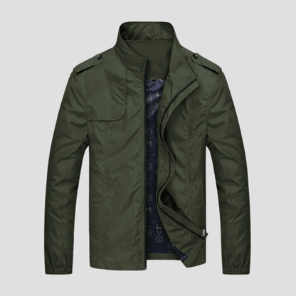 Green jacket with a textured lining on a light gray background