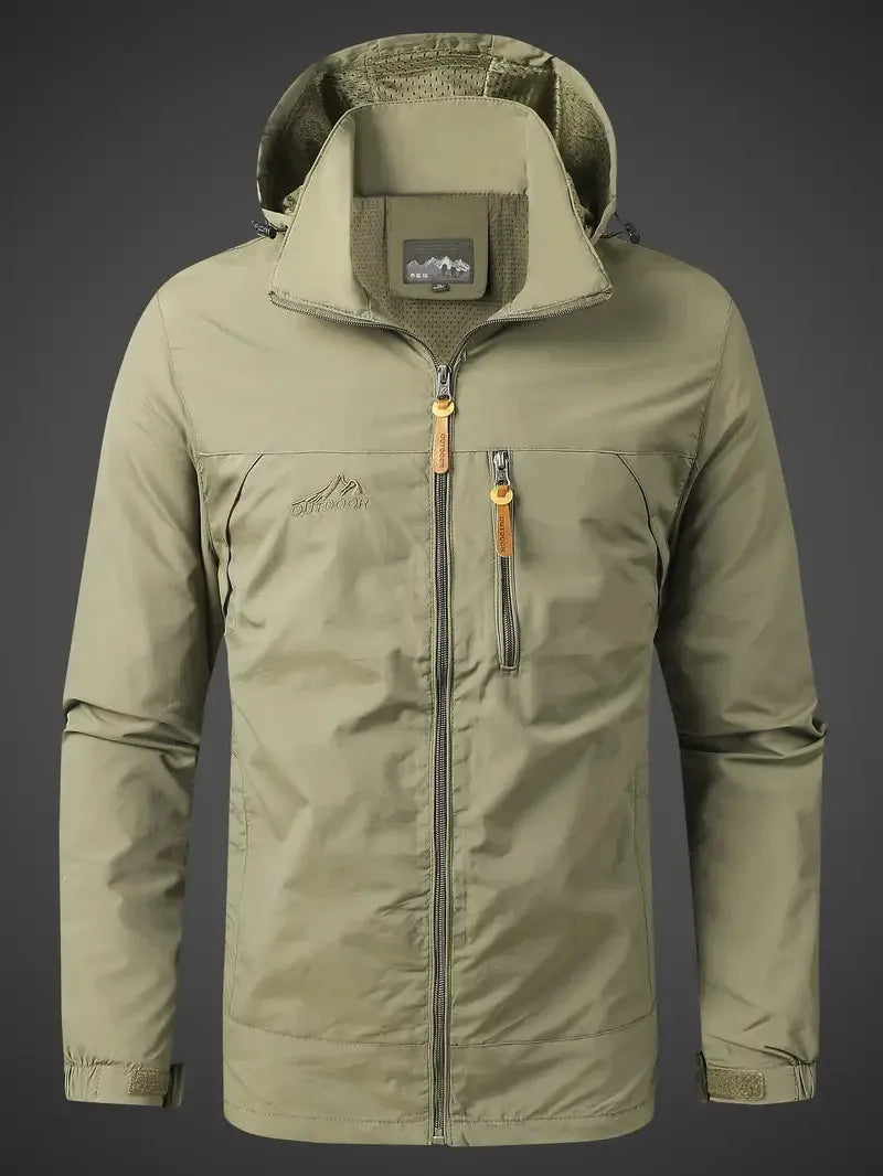 Green jacket with a hood on a gray background