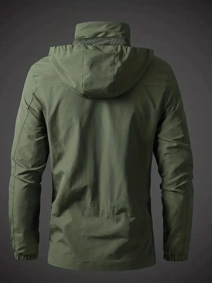 Green jacket with a hood on a dark gray background
